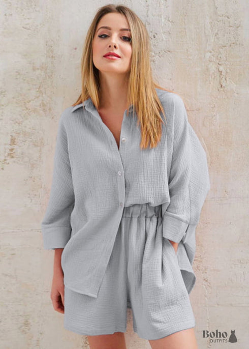 Conjunto de pijama bohemio Lucy Cotton en gris y verde